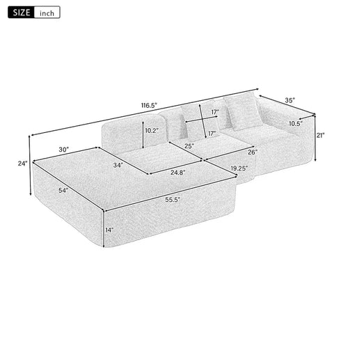 116.5  Sectional Sofa Full-compressed Sofa Couch Free-combined Sofa for Living Room, Grey
