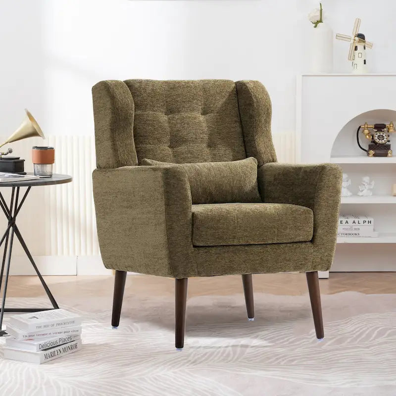 Olive Green 24.21  Button Tufted Arm Chair with Wood Legs