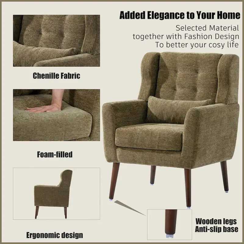 Olive Green 24.21  Button Tufted Arm Chair with Wood Legs