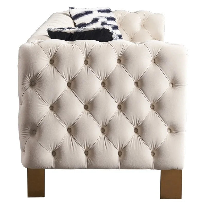 84.25  Velvet 3-Seater Sofa with Button Tufting, Gold Metal Legs, Pocket Spring And Foam Cushioning, 700 lb Capacity