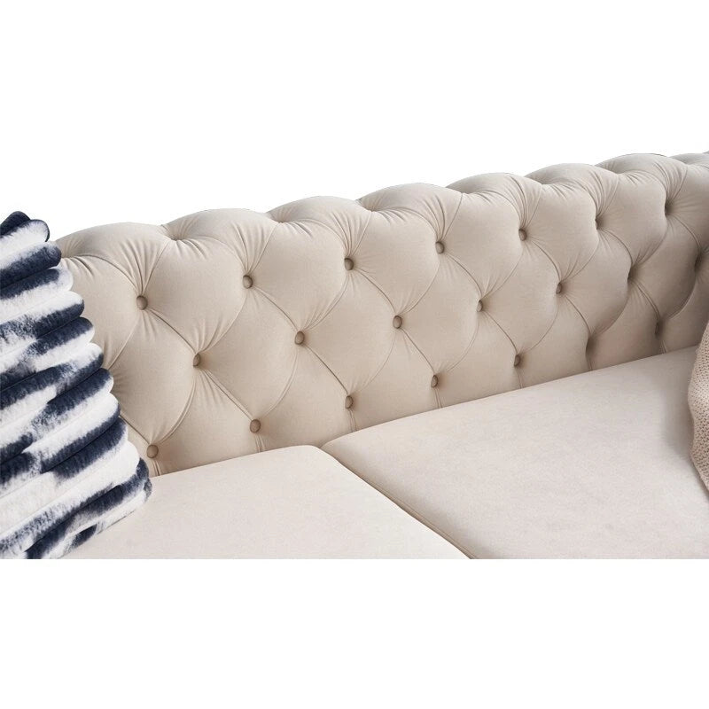 84.25  Velvet 3-Seater Sofa with Button Tufting, Gold Metal Legs, Pocket Spring And Foam Cushioning, 700 lb Capacity