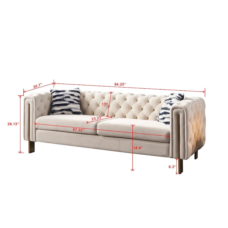 84.25  Velvet 3-Seater Sofa with Button Tufting, Gold Metal Legs, Pocket Spring And Foam Cushioning, 700 lb Capacity
