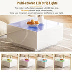 Square Hight Glossy Coffee Table with 16-color LED Strip Lights, Modern Center Table with 5mm Frosted Tempered Glass Top