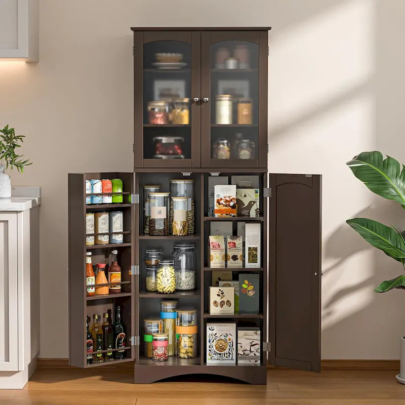 64  Kitchen Pantry Cabinet, Tall Storage Cabinet with Glass Doors and Adjustable Shelves