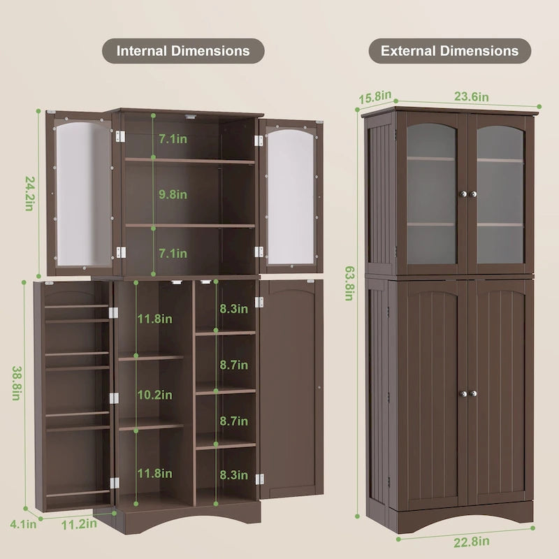 64  Kitchen Pantry Cabinet, Tall Storage Cabinet with Glass Doors and Adjustable Shelves