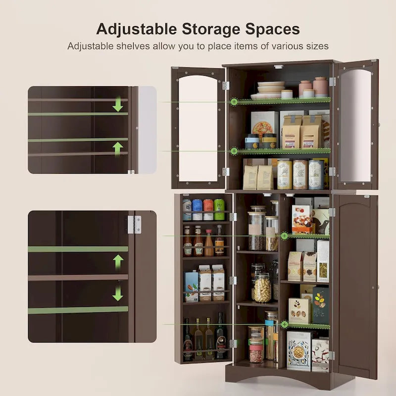 64  Kitchen Pantry Cabinet, Tall Storage Cabinet with Glass Doors and Adjustable Shelves