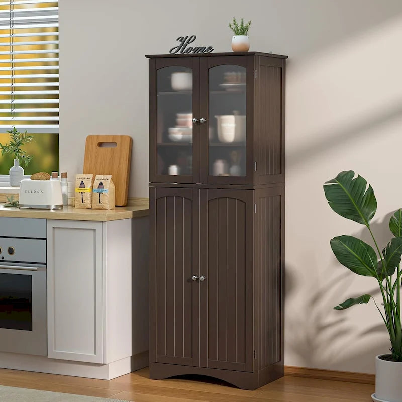 64  Kitchen Pantry Cabinet, Tall Storage Cabinet with Glass Doors and Adjustable Shelves