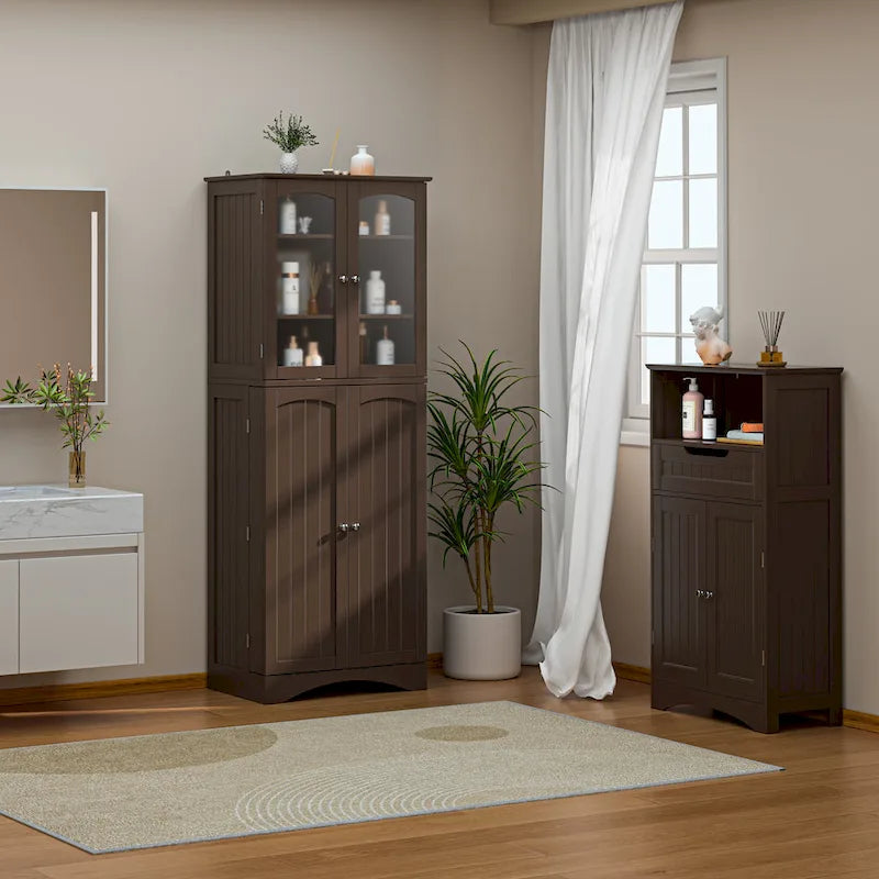 64  Kitchen Pantry Cabinet, Tall Storage Cabinet with Glass Doors and Adjustable Shelves