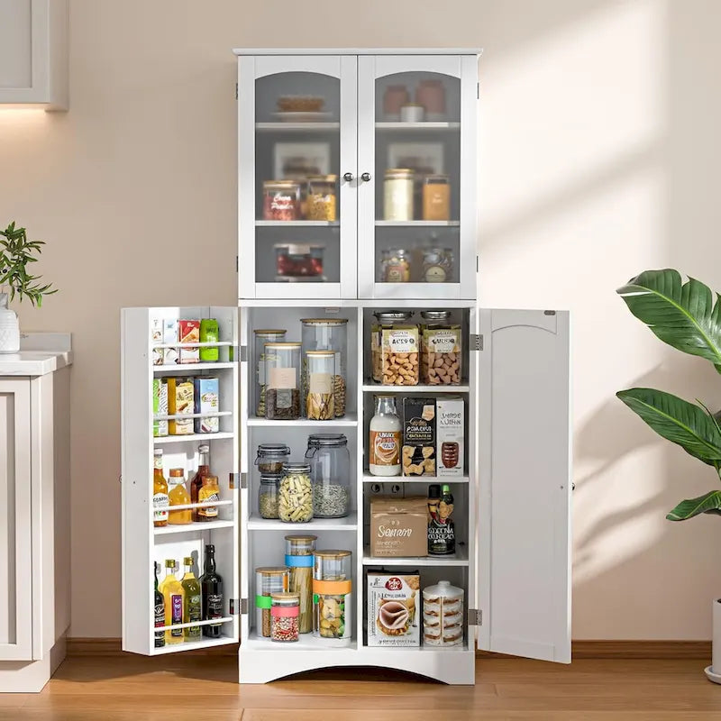 64  Kitchen Pantry Cabinet, Tall Storage Cabinet with Glass Doors and Adjustable Shelves