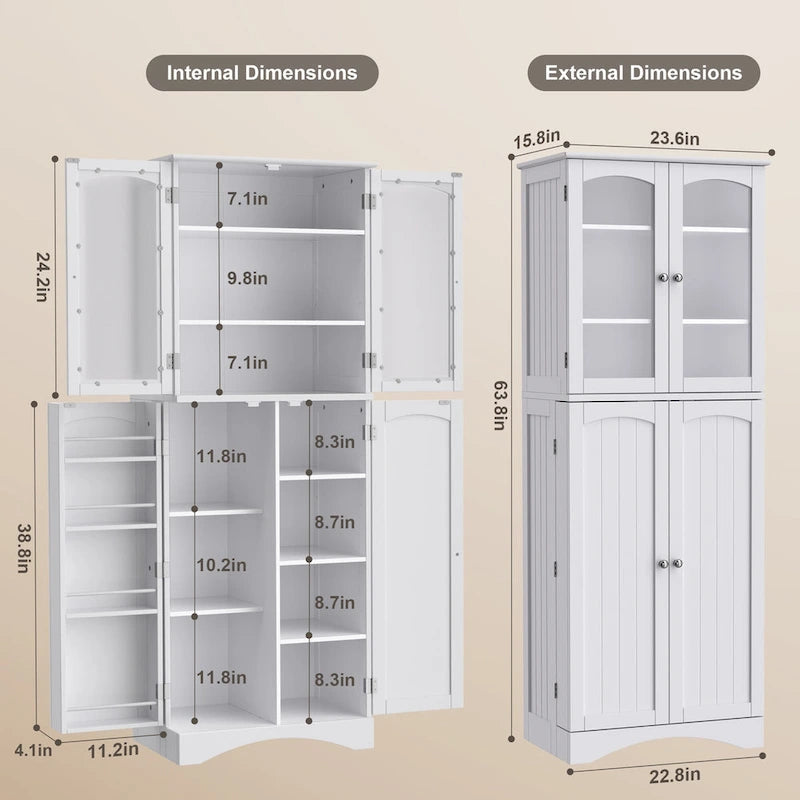 64  Kitchen Pantry Cabinet, Tall Storage Cabinet with Glass Doors and Adjustable Shelves