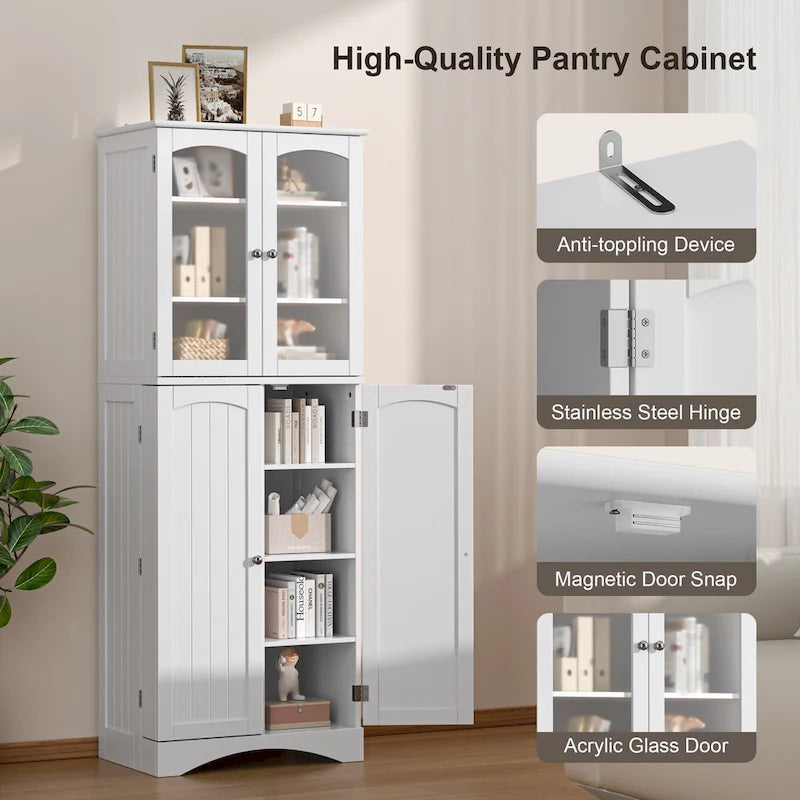 64  Kitchen Pantry Cabinet, Tall Storage Cabinet with Glass Doors and Adjustable Shelves