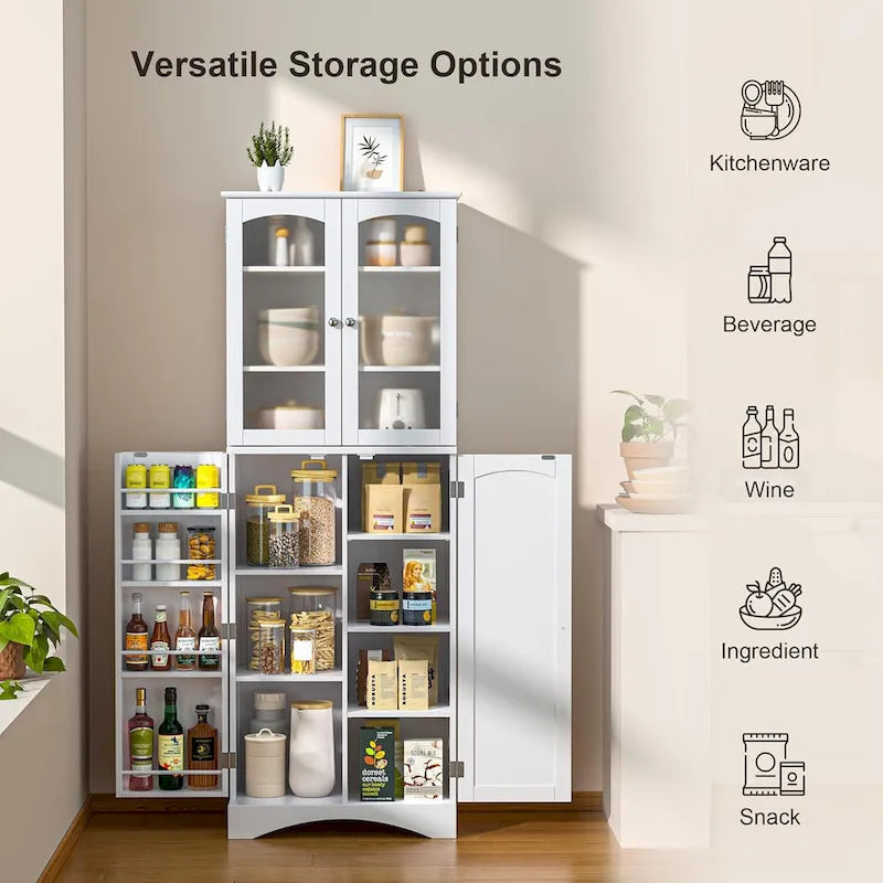 64  Kitchen Pantry Cabinet, Tall Storage Cabinet with Glass Doors and Adjustable Shelves