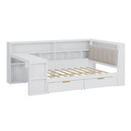 L-shaped Wooden Sofa Daybed with Desk, Bookcase Cabinet, Corner Bed with Under-bed Drawers, Upholstered Headboard Built-in Light