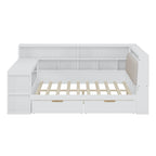 L-shaped Wooden Sofa Daybed with Desk, Bookcase Cabinet, Corner Bed with Under-bed Drawers, Upholstered Headboard Built-in Light