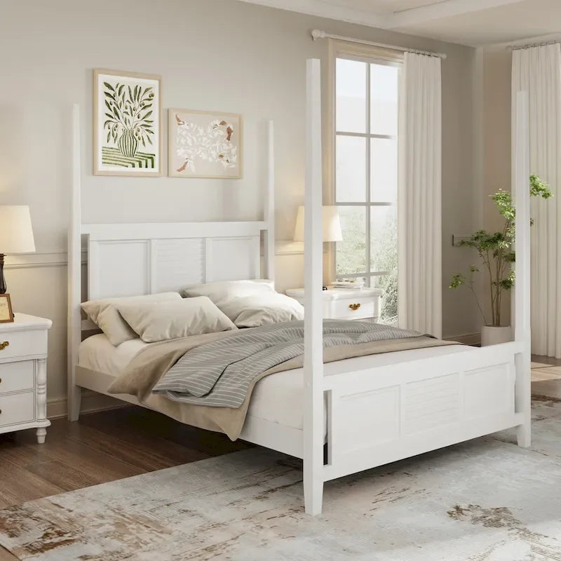King Size Solid Pine Four-Poster Bed with 75  Tall Traditional Canopy Bed Frame