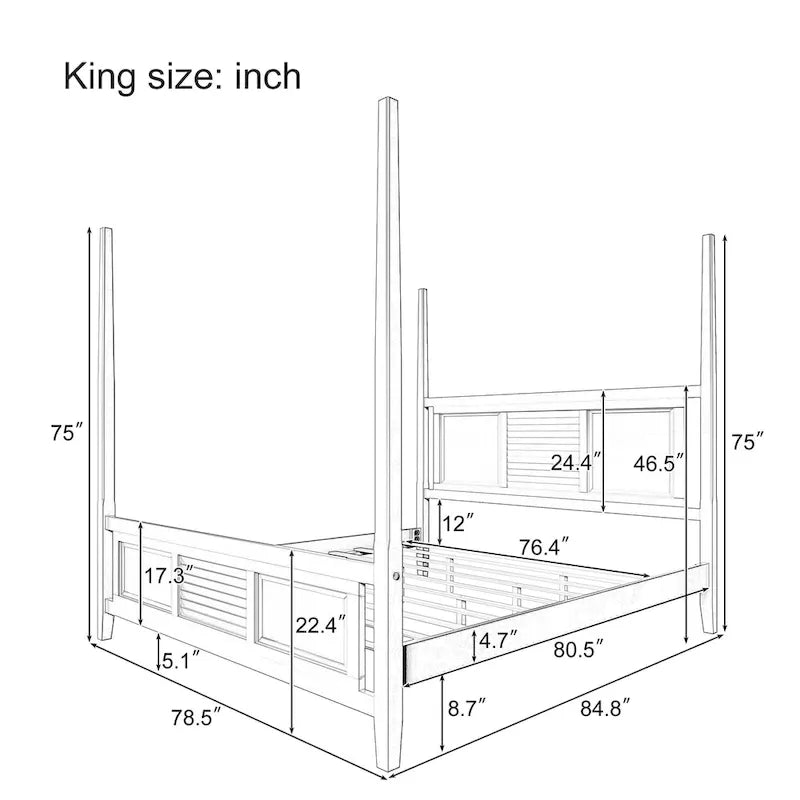 King Size Solid Pine Four-Poster Bed with 75  Tall Traditional Canopy Bed Frame