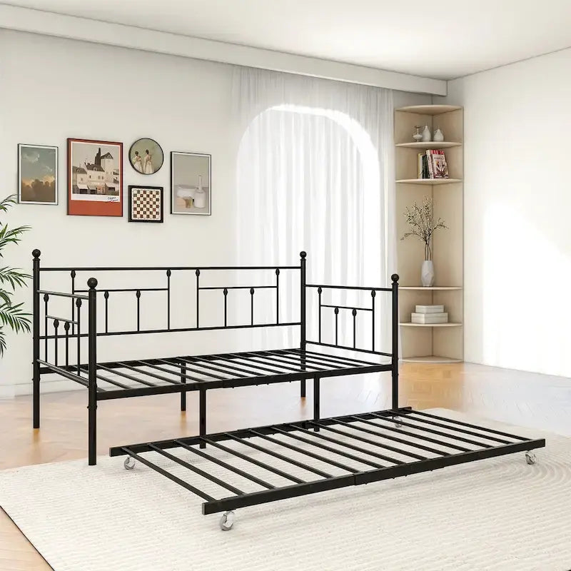 Modern Style Twin Size Metal Daybed with Trundle for Kids or Guest for Bedroom