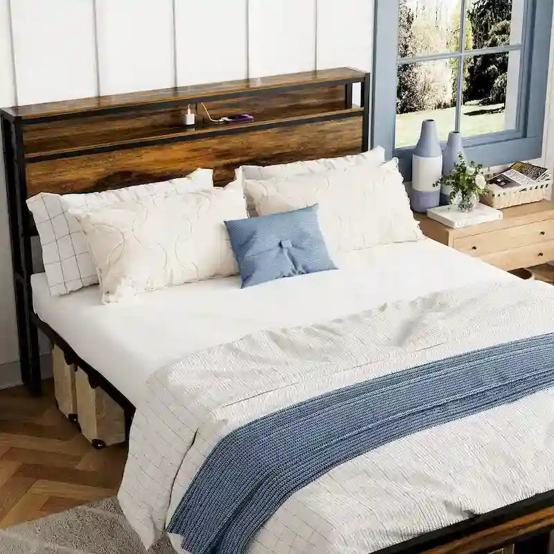 Queen Size Platform Bed with Storage Headboard and LED