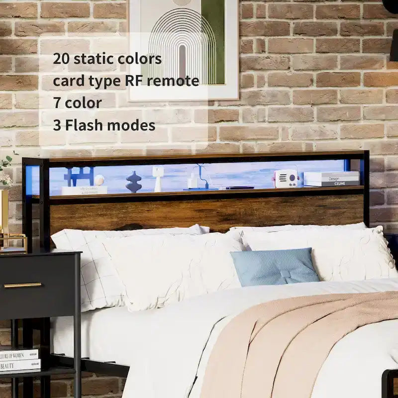 Queen Size Platform Bed with Storage Headboard and LED
