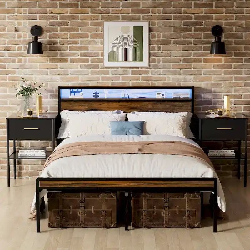 Queen Size Platform Bed with Storage Headboard and LED