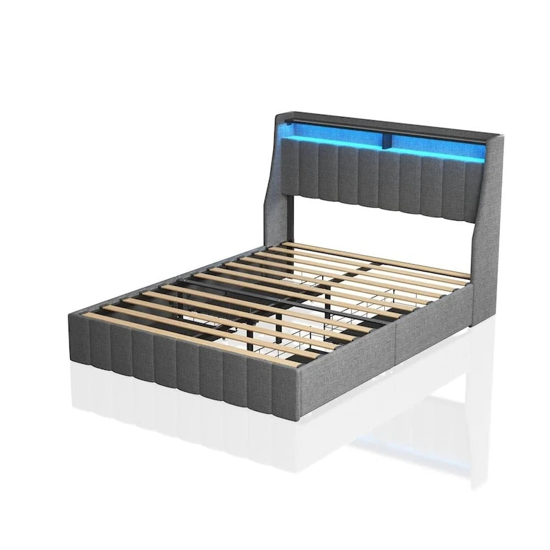 Light Grey Full Size Platform Bed with LED and Storage Drawers