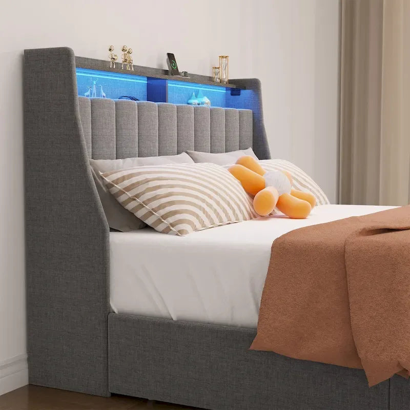 Light Grey Full Size Platform Bed with LED and Storage Drawers