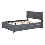 Grey Linen Upholstered Full Platform Bed with Brick Pattern Headboard and Trundle - No Box Spring Needed