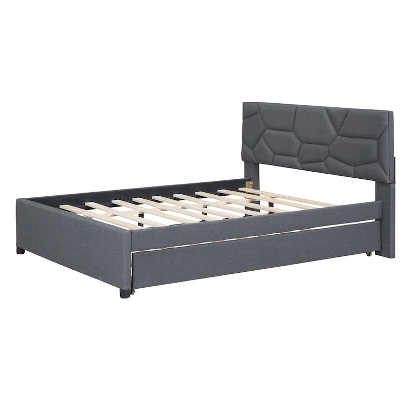 Grey Linen Upholstered Full Platform Bed with Brick Pattern Headboard and Trundle - No Box Spring Needed