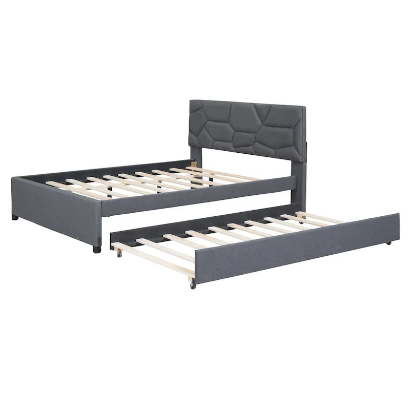 Grey Linen Upholstered Full Platform Bed with Brick Pattern Headboard and Trundle - No Box Spring Needed