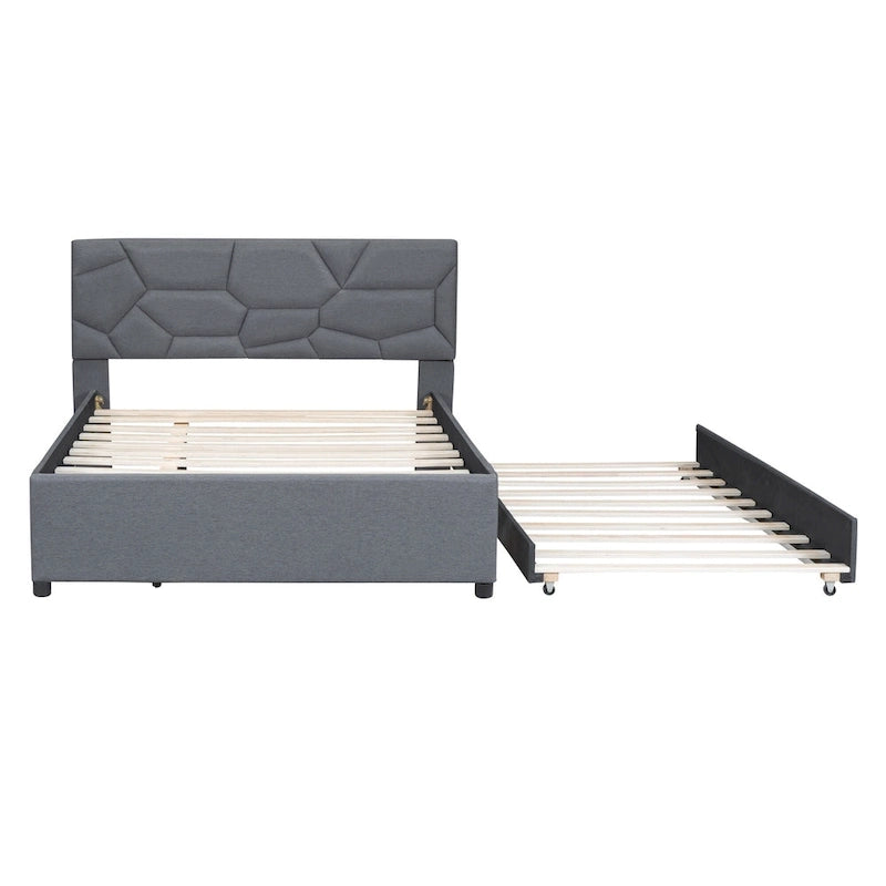 Grey Linen Upholstered Full Platform Bed with Brick Pattern Headboard and Trundle - No Box Spring Needed