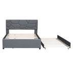 Grey Linen Upholstered Full Platform Bed with Brick Pattern Headboard and Trundle - No Box Spring Needed