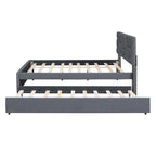 Grey Linen Upholstered Full Platform Bed with Brick Pattern Headboard and Trundle - No Box Spring Needed