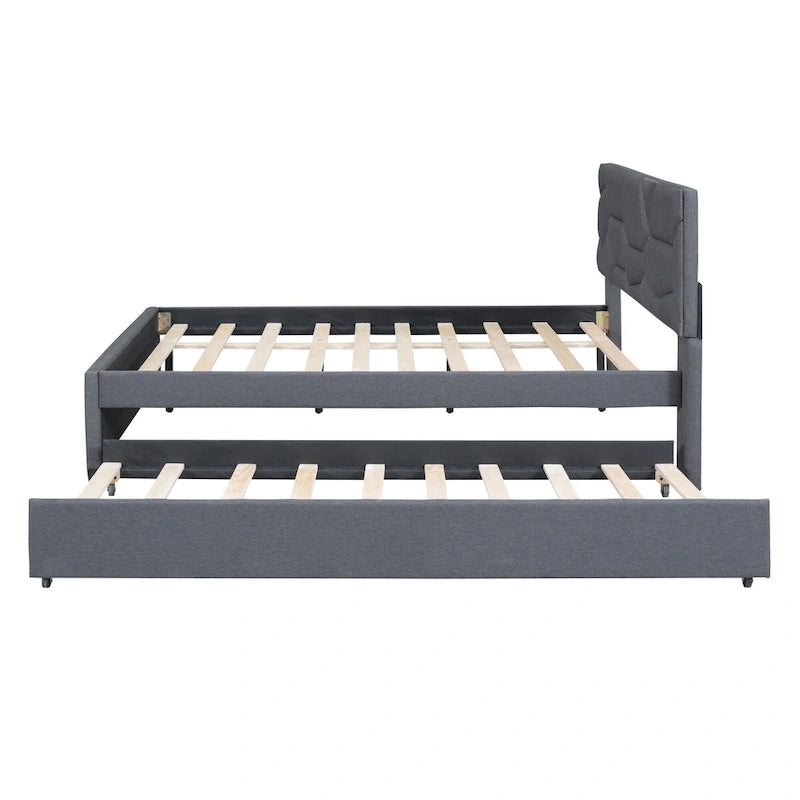 Grey Linen Upholstered Full Platform Bed with Brick Pattern Headboard and Trundle - No Box Spring Needed