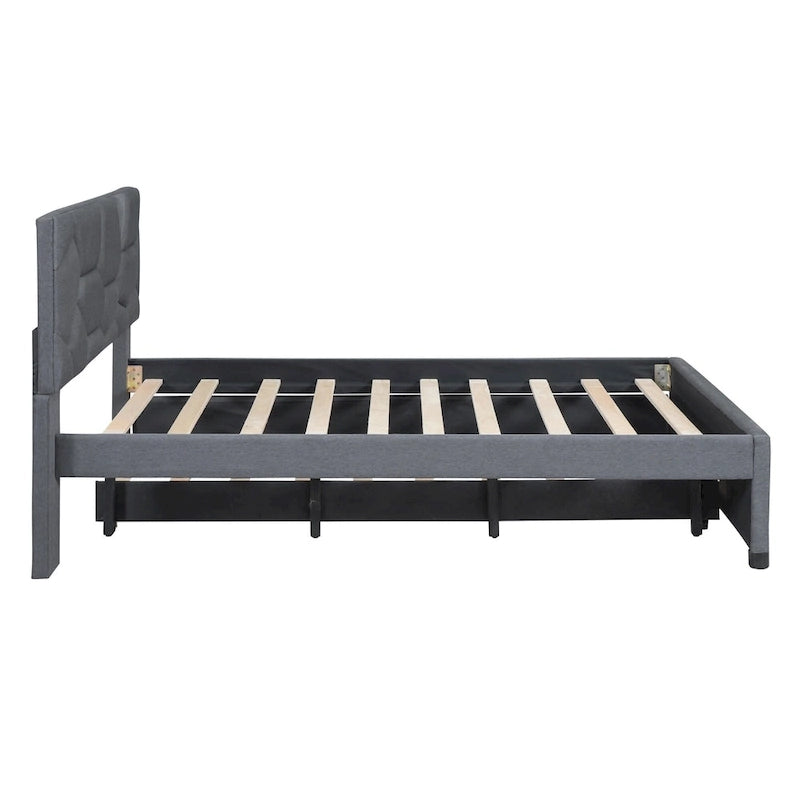 Grey Linen Upholstered Full Platform Bed with Brick Pattern Headboard and Trundle - No Box Spring Needed