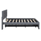 Grey Linen Upholstered Full Platform Bed with Brick Pattern Headboard and Trundle - No Box Spring Needed