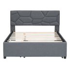 Grey Linen Upholstered Full Platform Bed with Brick Pattern Headboard and Trundle - No Box Spring Needed