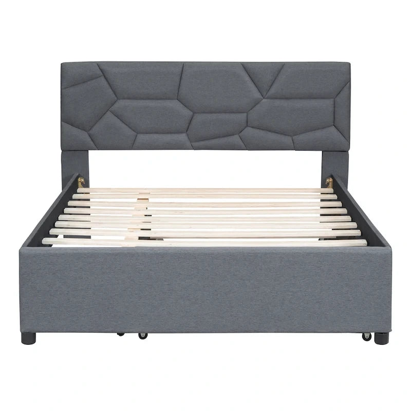 Grey Linen Upholstered Full Platform Bed with Brick Pattern Headboard and Trundle - No Box Spring Needed