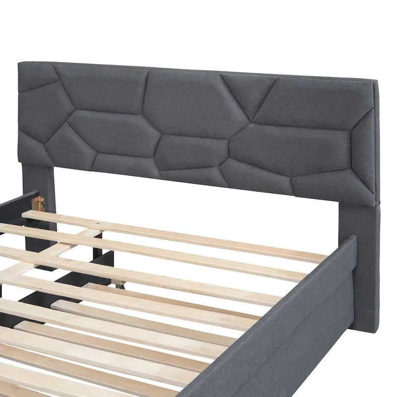 Grey Linen Upholstered Full Platform Bed with Brick Pattern Headboard and Trundle - No Box Spring Needed