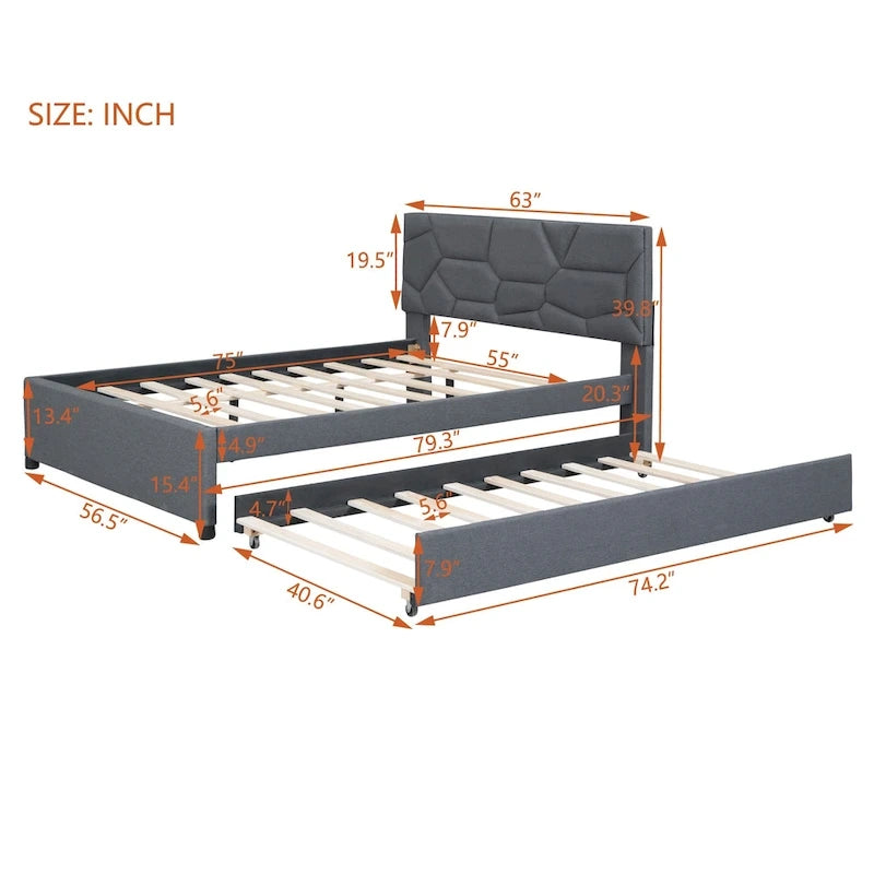 Grey Linen Upholstered Full Platform Bed with Brick Pattern Headboard and Trundle - No Box Spring Needed