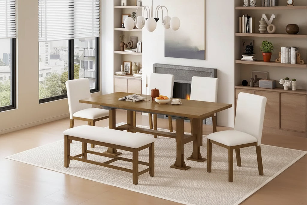 6-Piece Farmhouse Extendable Dining Set with Leaf & Bench