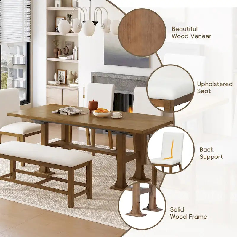 6-Piece Farmhouse Extendable Dining Set with Leaf & Bench