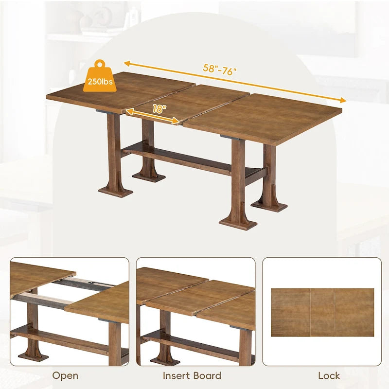 6-Piece Farmhouse Extendable Dining Set with Leaf & Bench