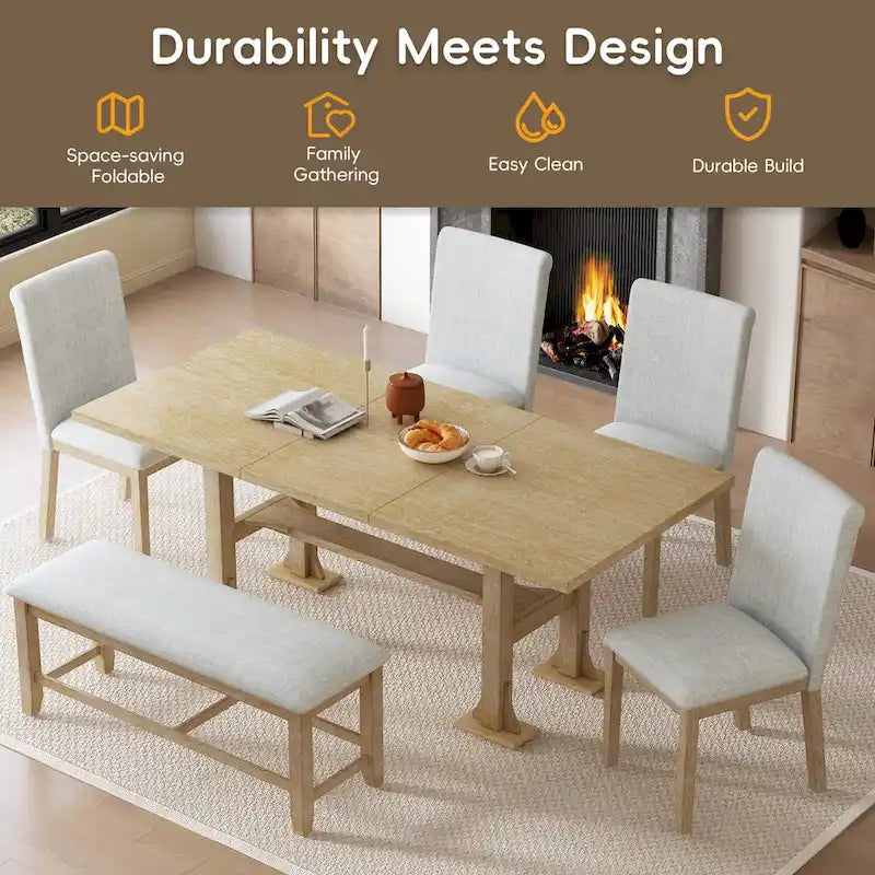 6-Piece Farmhouse Extendable Dining Set with Leaf & Bench