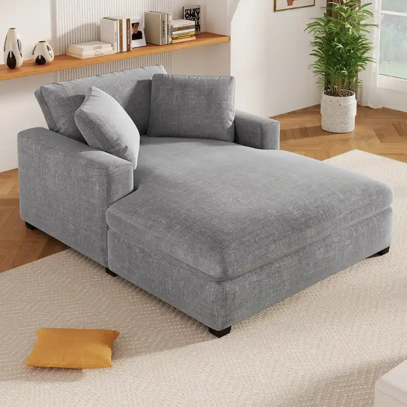 Gray Modern 53.5  Chaise Lounge Chair with Solid Wood Legs and Pillows for Living Room