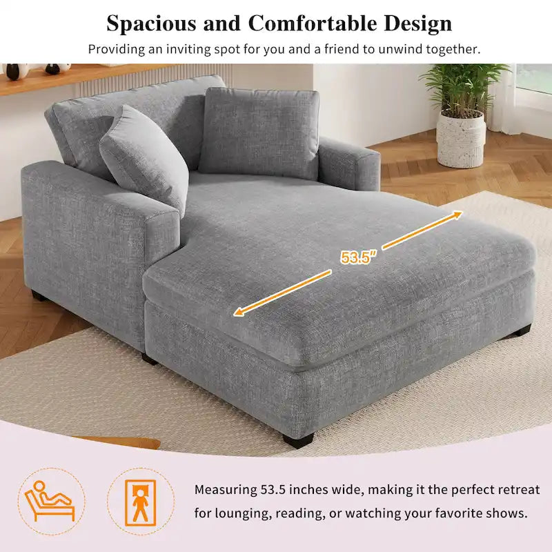 Gray Modern 53.5  Chaise Lounge Chair with Solid Wood Legs and Pillows for Living Room