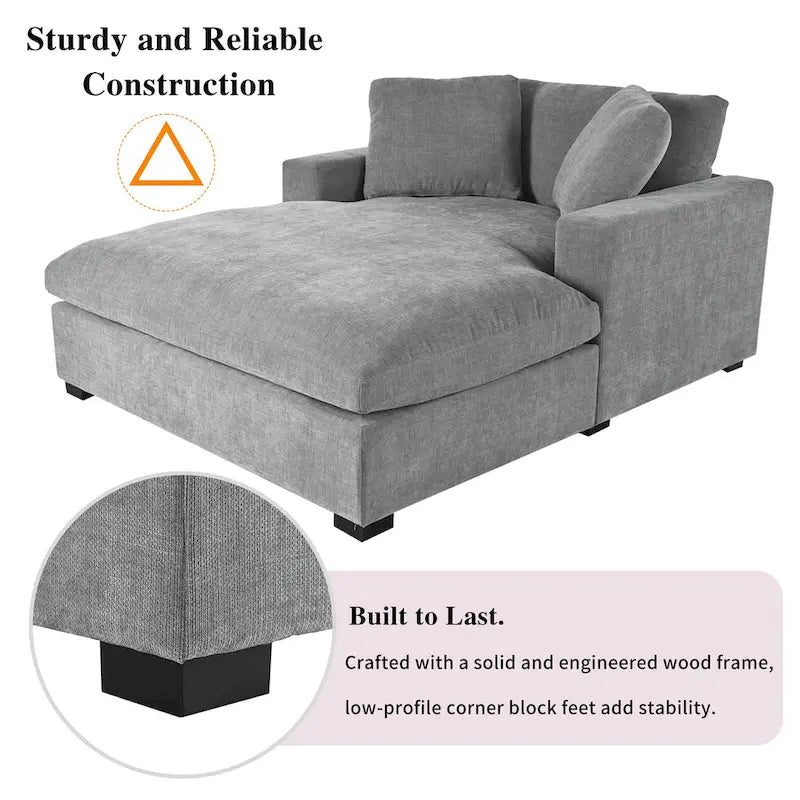 Gray Modern 53.5  Chaise Lounge Chair with Solid Wood Legs and Pillows for Living Room