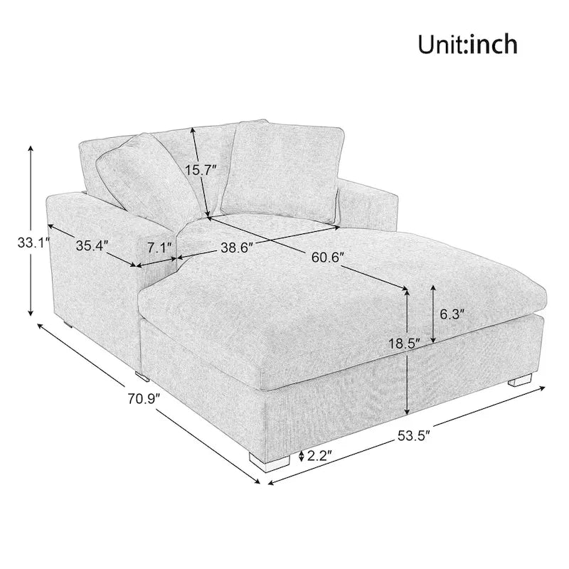 Gray Modern 53.5  Chaise Lounge Chair with Solid Wood Legs and Pillows for Living Room