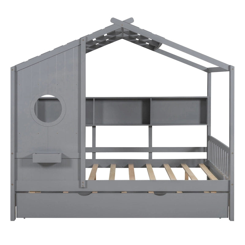 Gray Full Size Queen Upholstered Bed with Wingback Headboard and Four Drawers