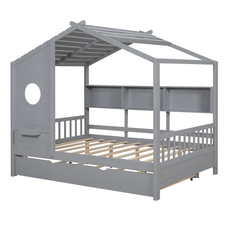 Gray Full Size Queen Upholstered Bed with Wingback Headboard and Four Drawers