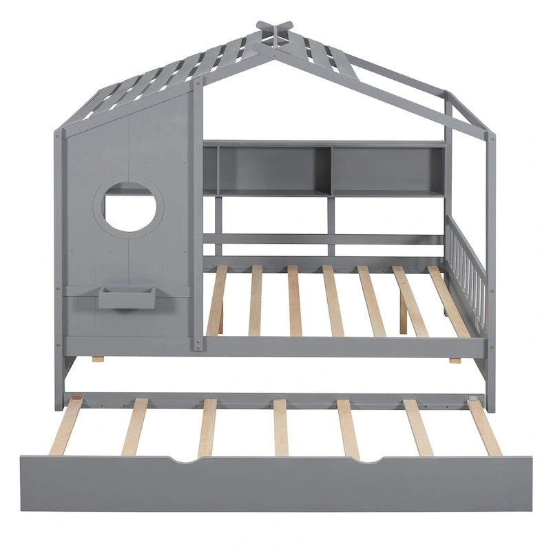 Gray Full Size Queen Upholstered Bed with Wingback Headboard and Four Drawers